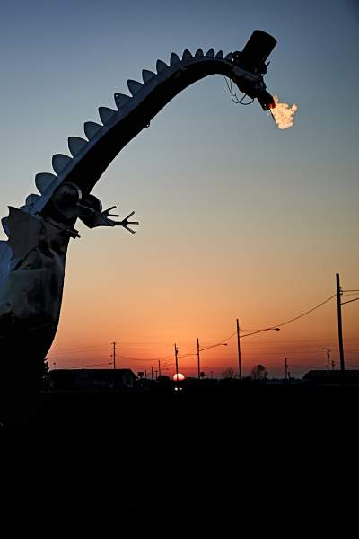 The Kaskaskia Dragon, a large dragon sculpture breathing fire.