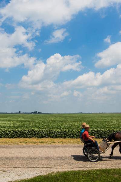 Two people sitting in an Amish Buggie being carted by horses in the country side