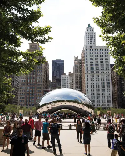 A crowd around the Cloud Gate sculpture 