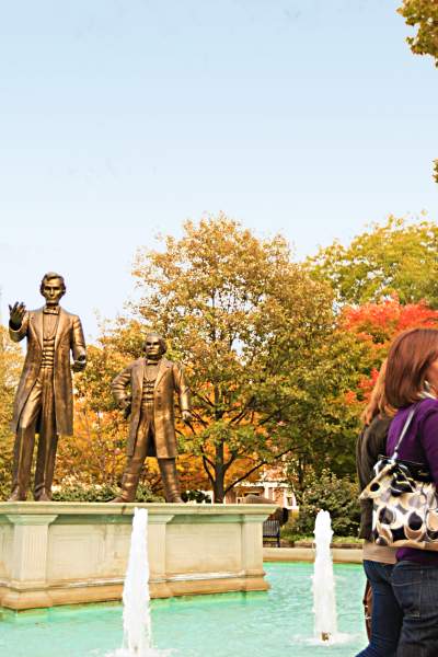 Statues of Abraham Lincoln and Stephen Douglass recall their first senatorial debate, held at the park in 1858.