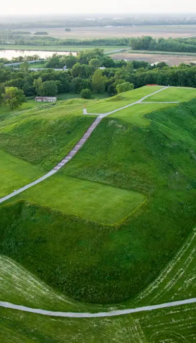 An aerial view of green hills at Cahokia Mounds