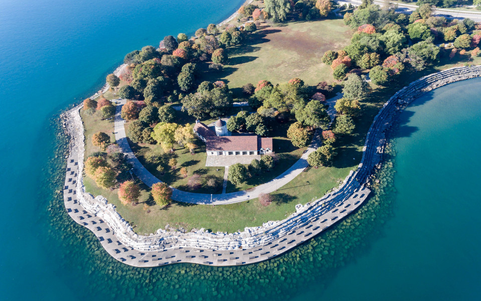 An aerial shot of Promontory Point in Chicago