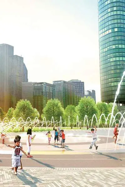 Kids playing in water fountains