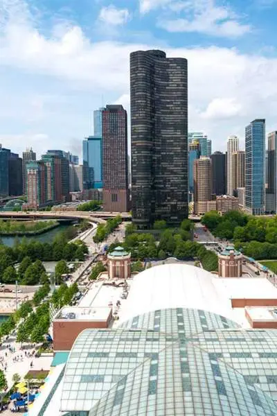 An aerial view of the Navy Pier looking out over the Chicago skyline