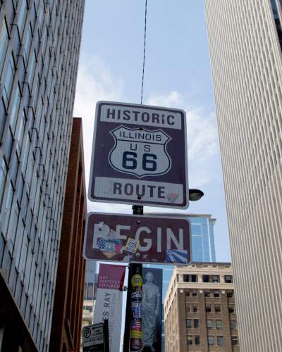 The Historic Route 66 Begins sign in downtown Chicago