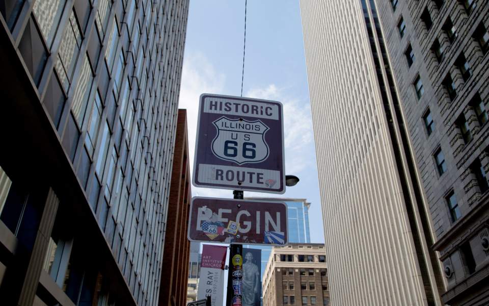 The Historic Route 66 Begins sign in downtown Chicago