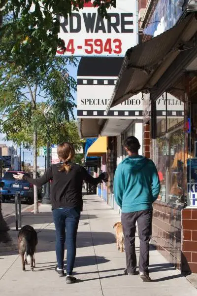 People walking their dogs down Clark Street, Andersonville