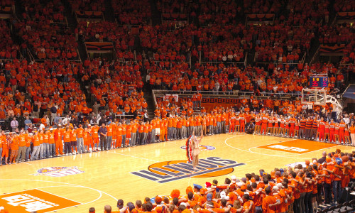 A pregame ceremony at a basketball game at state Farm Center in Champaign
