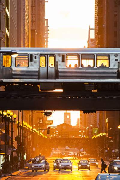 Chicago Train at Sunset